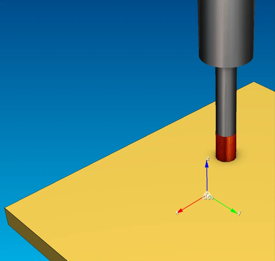 Eureka simulation on a Haas VF-2: the 12 mm end mill, highlighted in red, collides as it rapids into the plate because G43 is missing